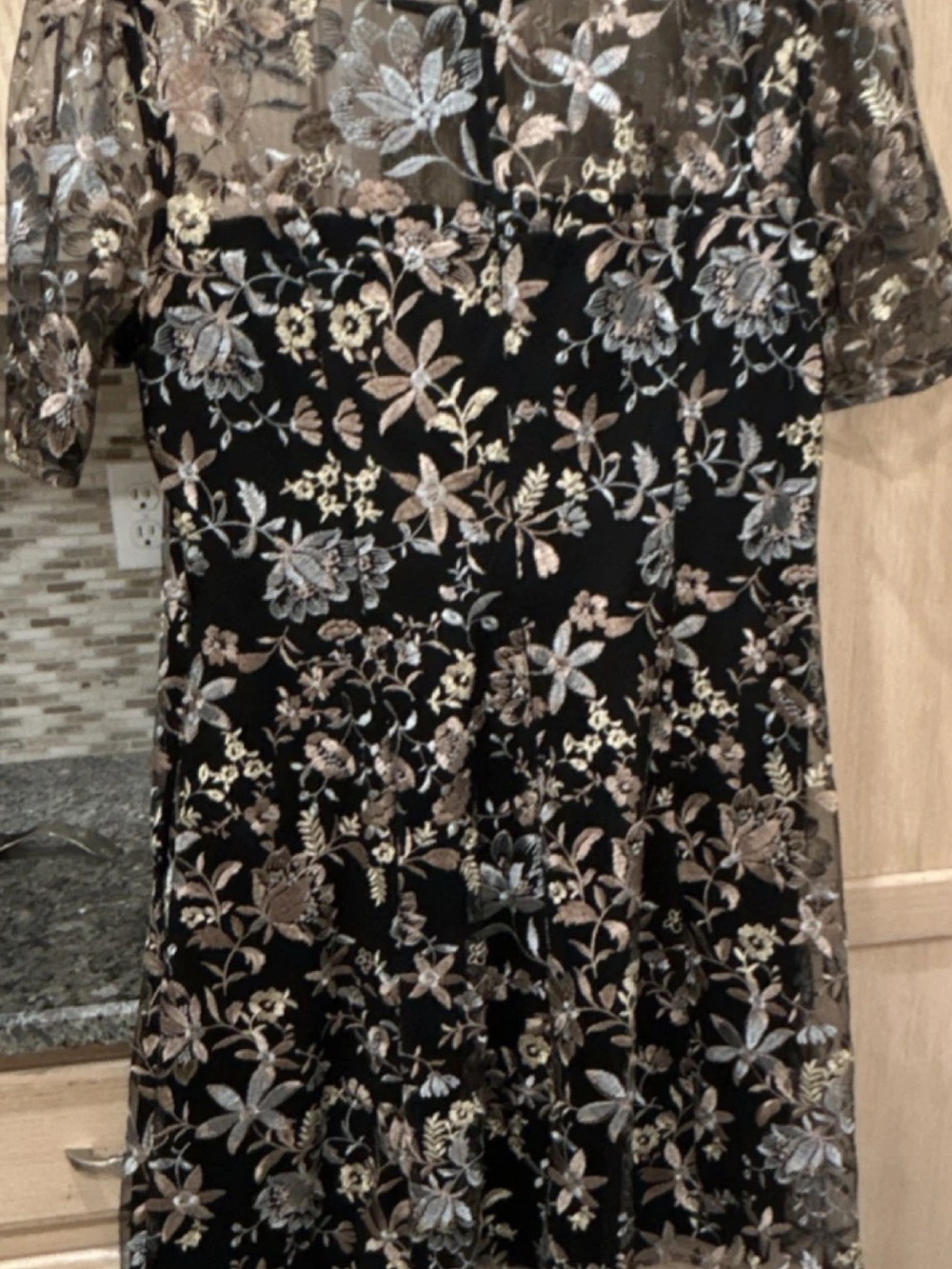 Black Floral Lace Overlay Dress with Metallic Embroidery